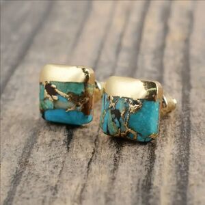 "River" 14K Gold and Turquois Minimalist Square Stud Earrings